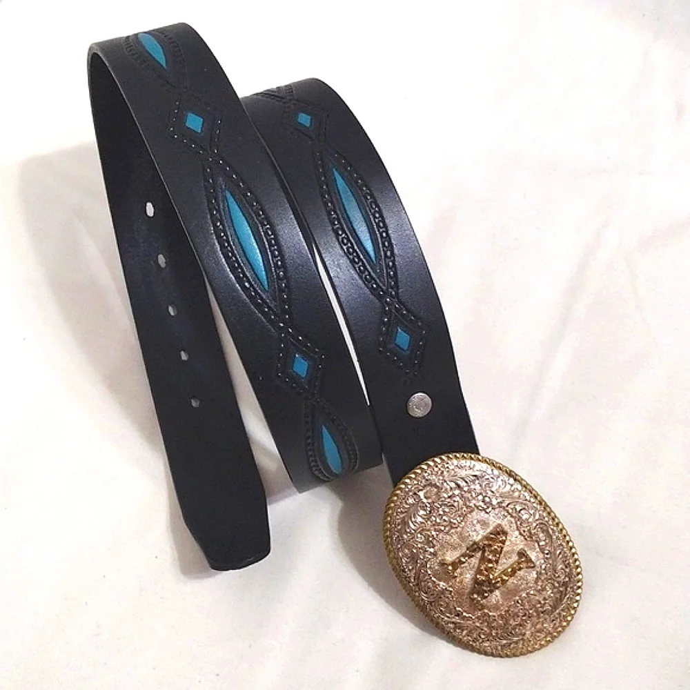 Vintage Bronze Crumrine Tooled Leather Western Statement Belt Unisex Size 36